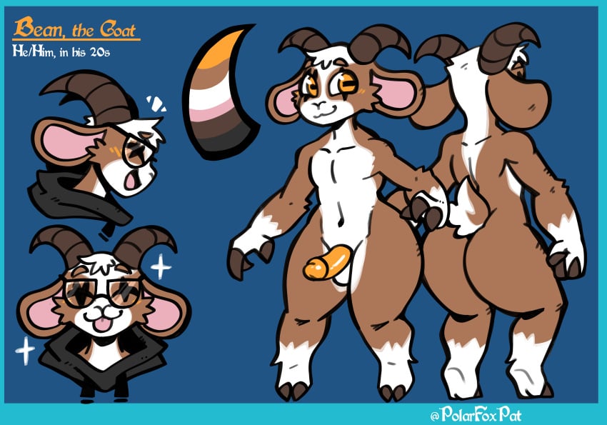 2_toes 3_fingers absurd_res anthro ass bean_(beanthegoat) black_clothing black_hoodie black_topwear blep blush bovid brown_body brown_fur brown_horn caprine clothing english_text eyewear facial_markings feet fingers fur genitals glasses goat head_markings hi_res hoodie hooves horn male mammal markings model_sheet multicolored_body multicolored_tail nude orange_blush orange_eyes orange_penis penis polarfoxpat smile solo tail text toes tongue tongue_out topwear wearing_glasses white_body white_fur