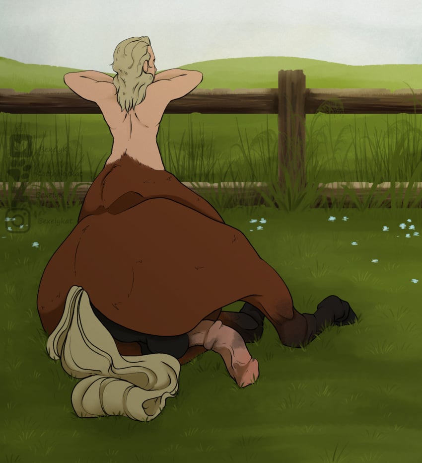 animal_genitalia animal_penis ass balls blonde_hair brown_body brown_fur centaur detailed_background equid equid_taur equine equine_genitalia equine_penis equine_taur european_mythology fence fur genitals grass greek_mythology hair hi_res horse horse_taur humanoid_taur katthekitkat male mammal mammal_taur medial_ring mythology penis plant rear_view relaxing sky solo taur