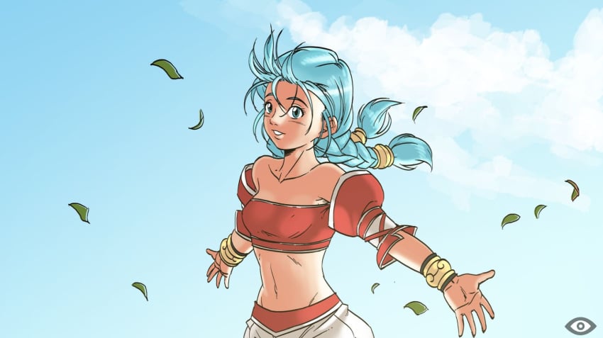 aqua_hair bare_shoulders blue_eyes blue_hair braid cg collarbone day falling_leaves female hentai_heroes jewelry kimie_(hentai_heroes) kinkoid leaf leaves_in_wind long_hair midriff navel official_art parody petals single_braid sky smile solo strapless talim tube_top wind