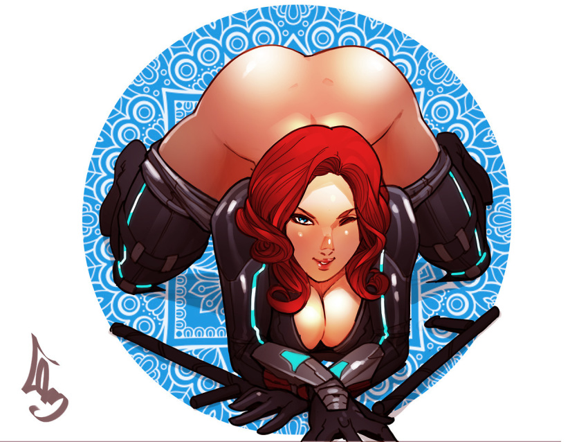 1girls all_fours ass black_widow_(marvel) blue_eyes bottomless breasts cheunchin cleavage human kneeling large_breasts looking_at_viewer marvel marvel_comics natasha_romanoff one_eye_closed red_hair solo top-down_bottom-up