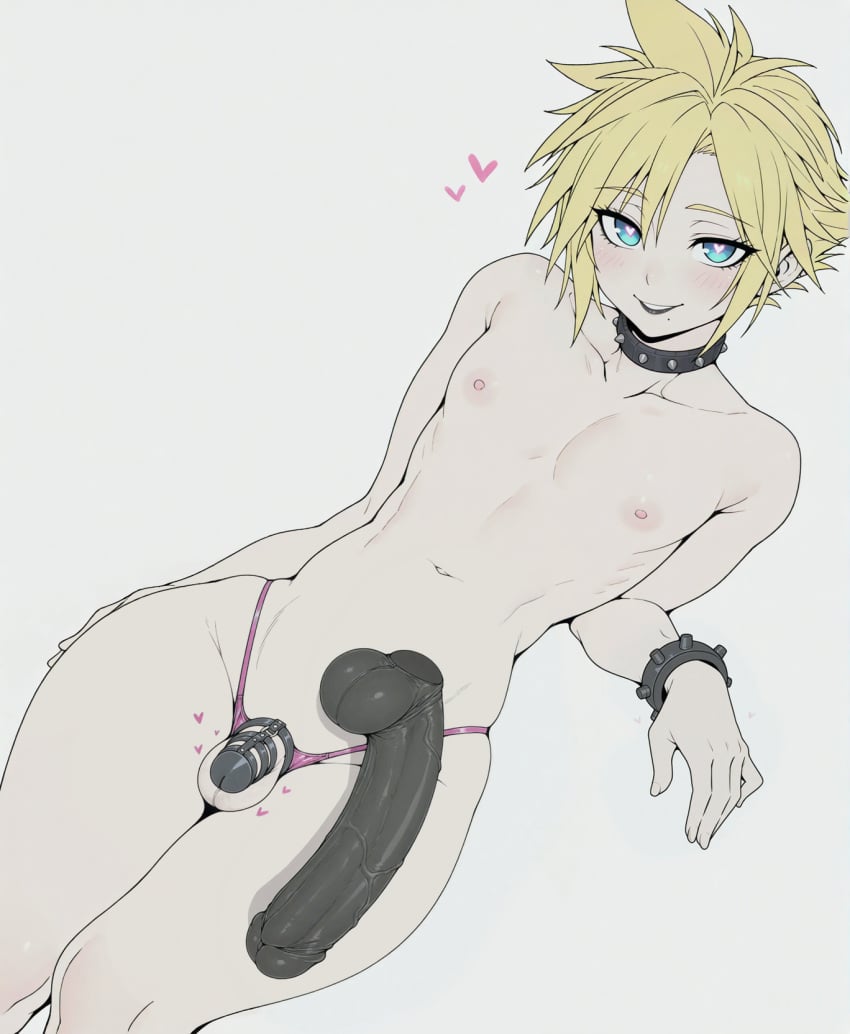 1boy ai_assisted bangs blonde_hair blue_eyes blush bracelet cloud_strife collar collarbone crossdressing erection femboy feminine_male final_fantasy final_fantasy_vii grey_background hair_between_eyes heart heart-shaped_pupils jewelry large_penis looking_at_viewer lying male male_focus navel nipples otoko_no_ko panties parted_lips penis pink_panties sex_toy short_hair simple_background skindentation smile solo sondu spiked_bracelet spiked_choker spiked_collar spiked_hair spikes square_enix string_panties symbol-shaped_pupils testicles trap twink uncensored underwear veins veiny_penis white_background