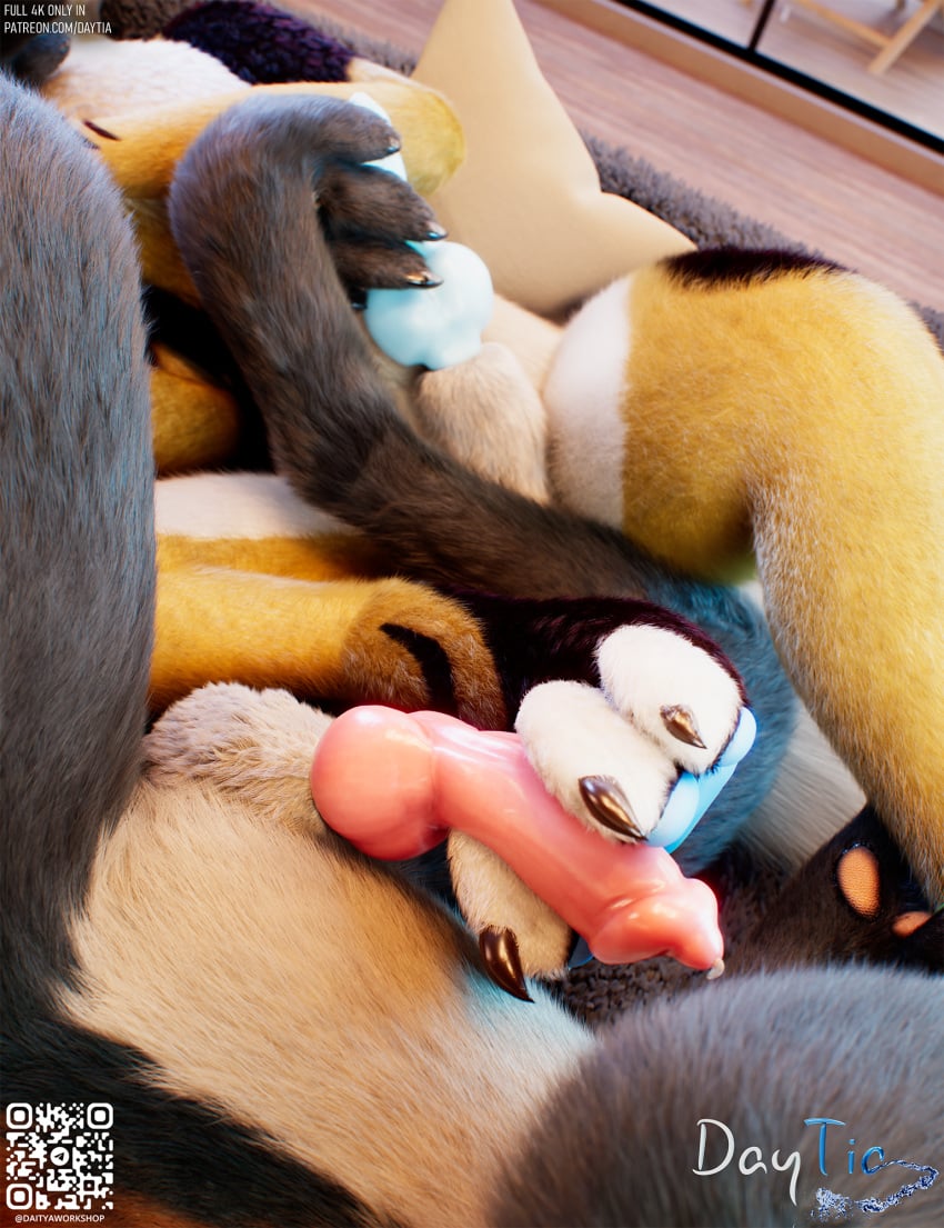 3d affectionate animal_genitalia animal_penis anthro balls bangs bed bedding bedroom black_body black_fur blanket blue_body blue_fur c4d canine_genitalia canine_penis cinema_4d_(artwork) claws close-up daytia detailed detailed_fur digital_media_(artwork) duo eye_contact face_to_face facial_expression fluffy fluffy_tail fur furniture genitals green_hair hair hi_res interspecies intimacy licking long_tail looking_at_another looking_at_viewer lying male male/male multicolored_body multicolored_fur nuzzling open_mouth orange_body orange_fur pawpads paws penis pillow pose posed red_body red_fur rexouium shaded side_view smile soft_shading tail toe_claws tongue tongue_out white_body white_fur