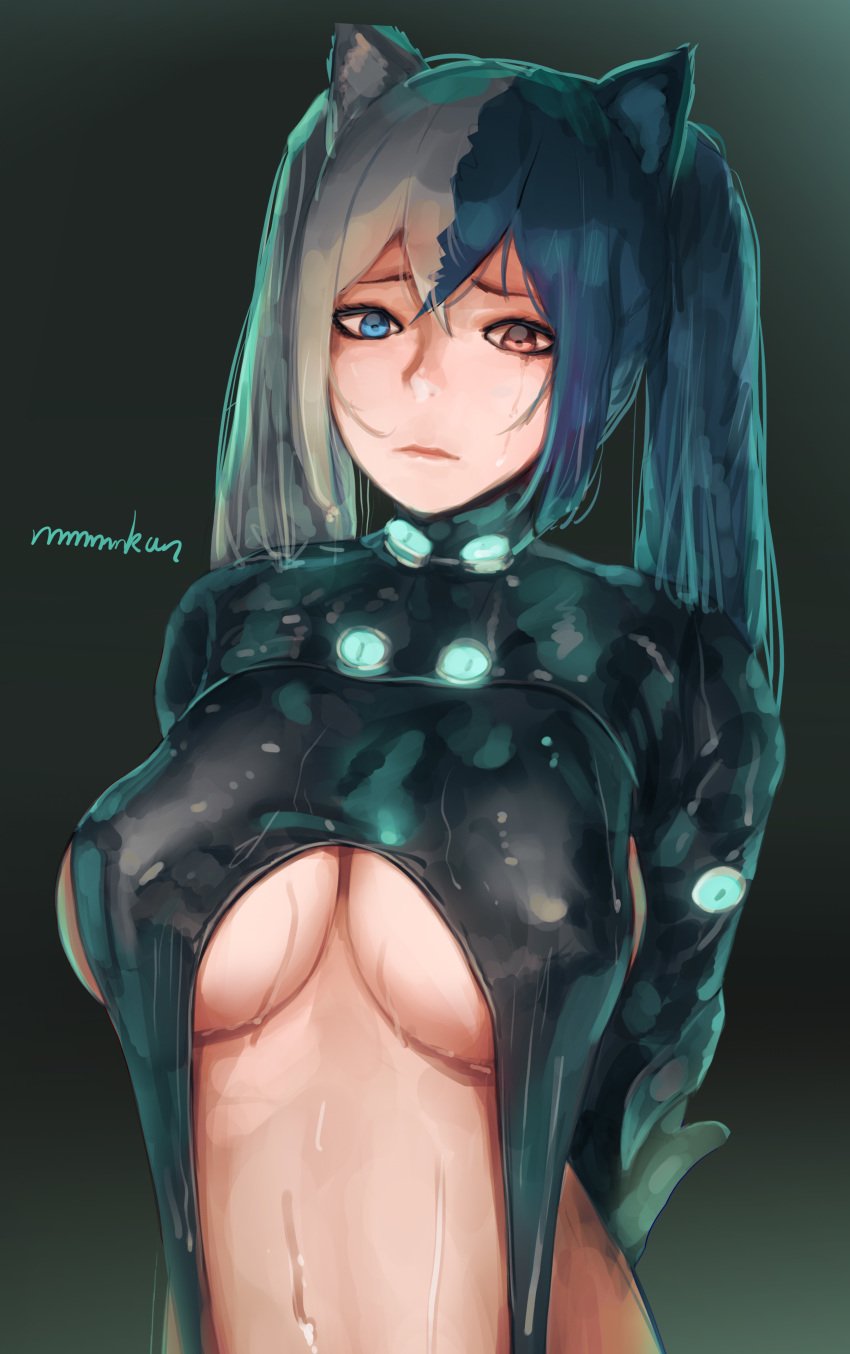 animal_ears aqua_hair arms_behind_back blue_eyes breasts brown_eyes female gantz gantz_(cosplay) gantz_suit heterochromia large_breasts long_hair mmmmmkun multicolored_hair nekomimi solo tattoo underboob upper_body white_hair