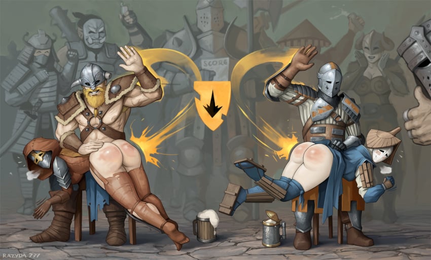 2girls aramusha armor ass bare_ass beer_mug bent_over big_ass cape conqueror_(for_honor) contest crowd female food for_honor helmet icon knight lawbringer_(for_honor) male male_focus motion_lines muscular nobushi orochi peacekeeper peacekeeper_(for_honor) raider_(for_honor) razyda777 shugoki_(for_honor) slap_mark smile spanking valkyrie_(for_honor) viking warden_(for_honor)