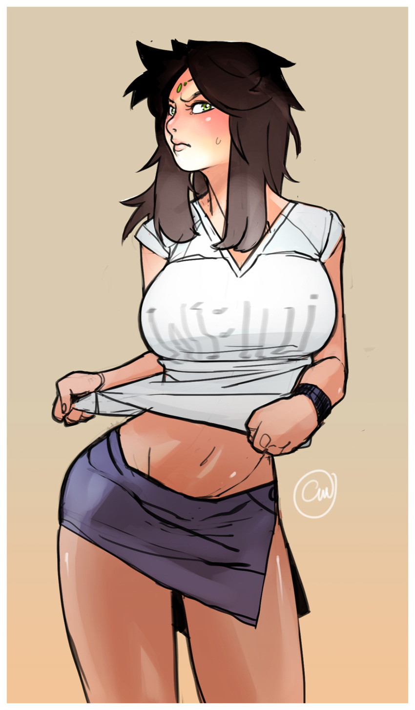 breasts brunette cheunchin clothed female female_only forehead_jewel huge_breasts leaning_to_the_side looking_at_viewer midriff midriff_baring_shirt midriff_peek original purple_skirt short_skirt simple_background sketch skirt solo solo_female standing sweat t-shirt