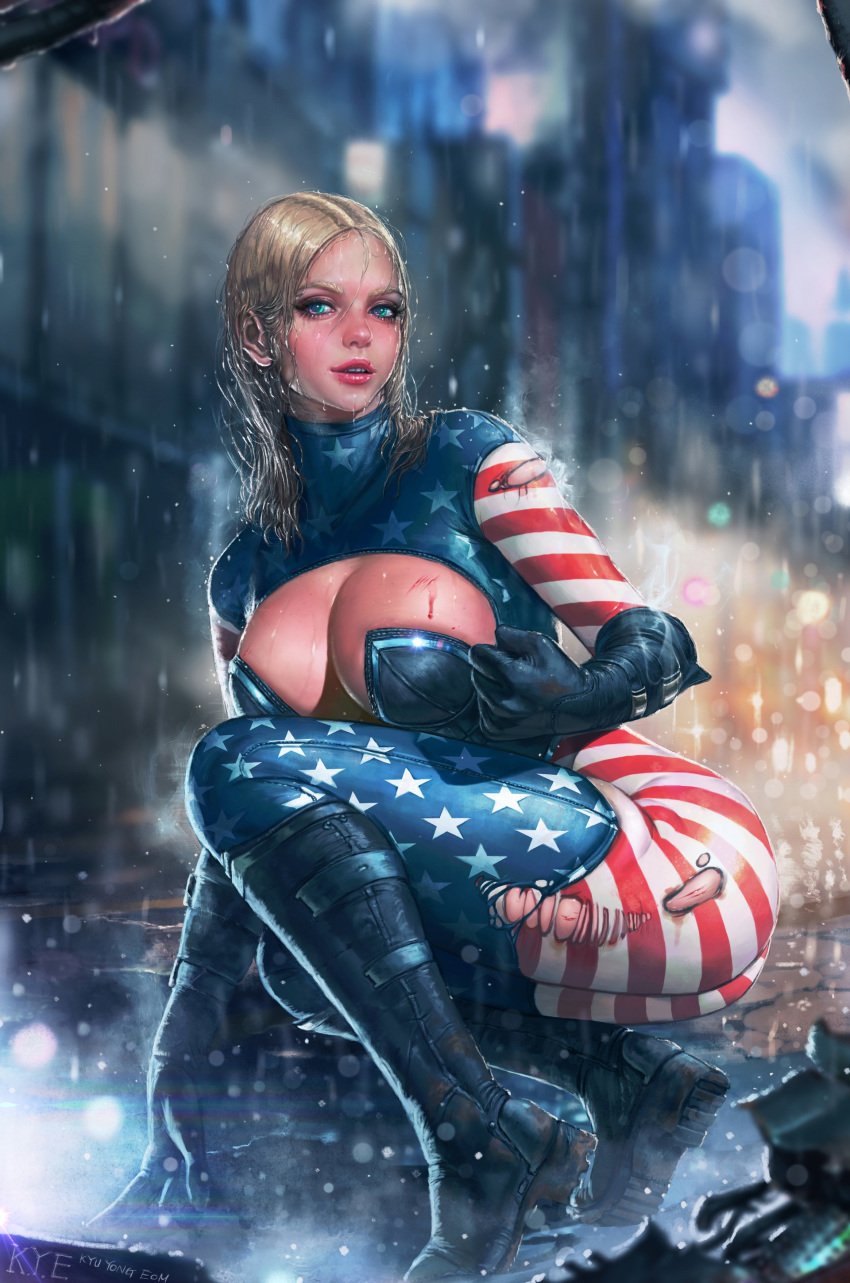 1girls ass blonde_hair blood blurry_background bodysuit boots breasts city cleavage cleavage_cutout curvy female female_only fist gloves green_eyes huge_breasts kyu_yong_eom kyuyong_eom large_ass lips outdoors patriotika patriotika_(character) rain realistic skin_tight squatting superheroine thighs torn_bodysuit torn_clothes wet