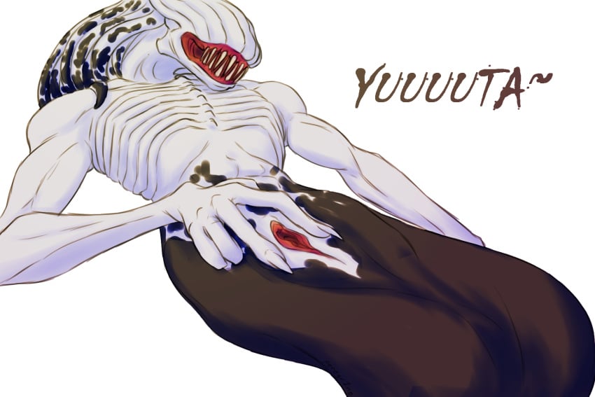 black_body claws demon eyeless female flat_chested genitals hi_res humanoid jujutsu_kaisen long_fingers monster orimoto_rika peregr1ne pseudo_hair pussy ribs sharp_teeth simple_background skeletal solo spread_pussy spreading teeth tentacle tentacle_hair text white_background white_body