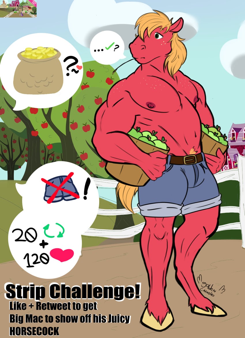 absurd_res anthro big_macintosh_(mlp) big_pecs biped bottomwear clothing cutie_mark denim denim_bottomwear denim_clothing denim_shorts english_text equid equine freckles friendship_is_magic golden_carneiro hasbro hi_res horse male mammal money muscular muscular_male my_little_pony offering_money pecs pony pubes_exposed shorts solo text undressing