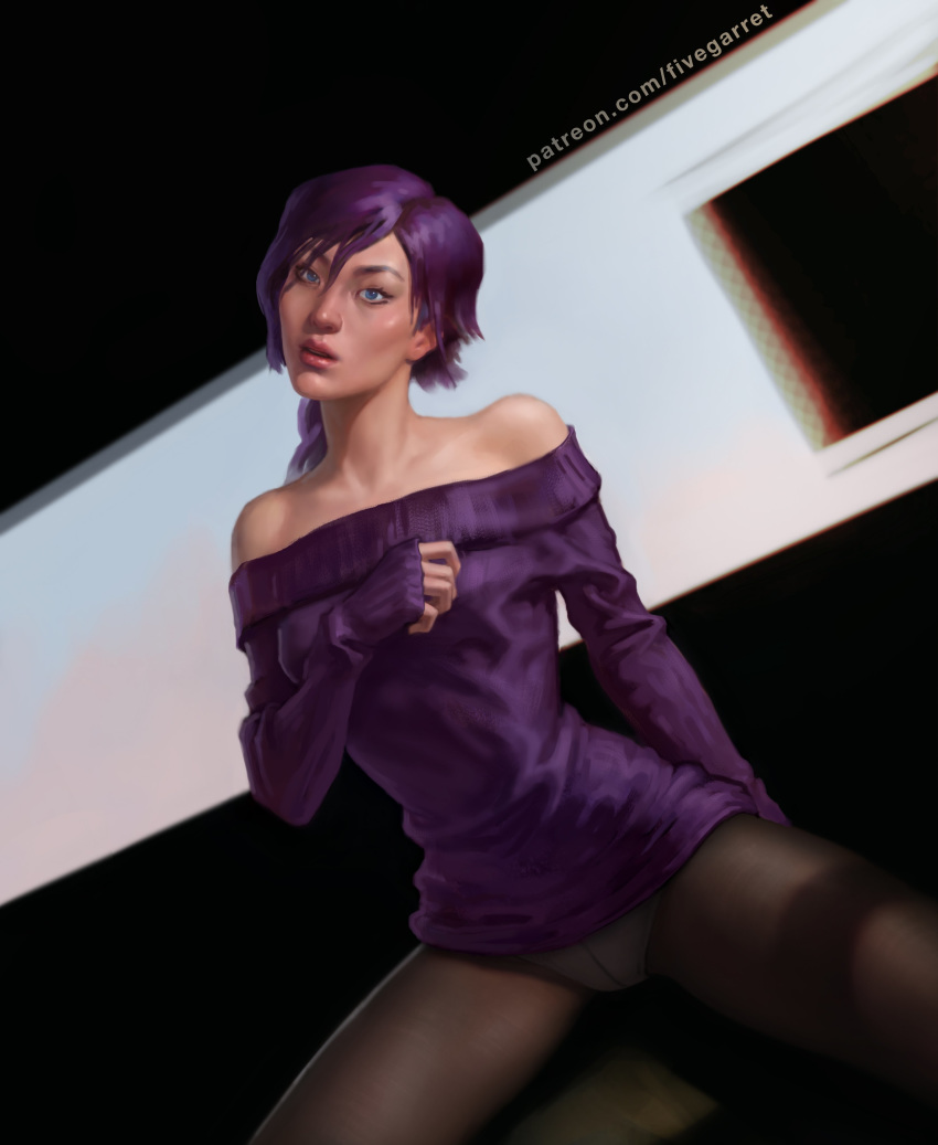 abstract_background asian bare_shoulders breasts crotch_seam fivegarret hand_over_breast lips looking_at_viewer off_shoulder pantyhose purple_hair purple_sweater realistic spread_legs sweater white_panties zone-tan