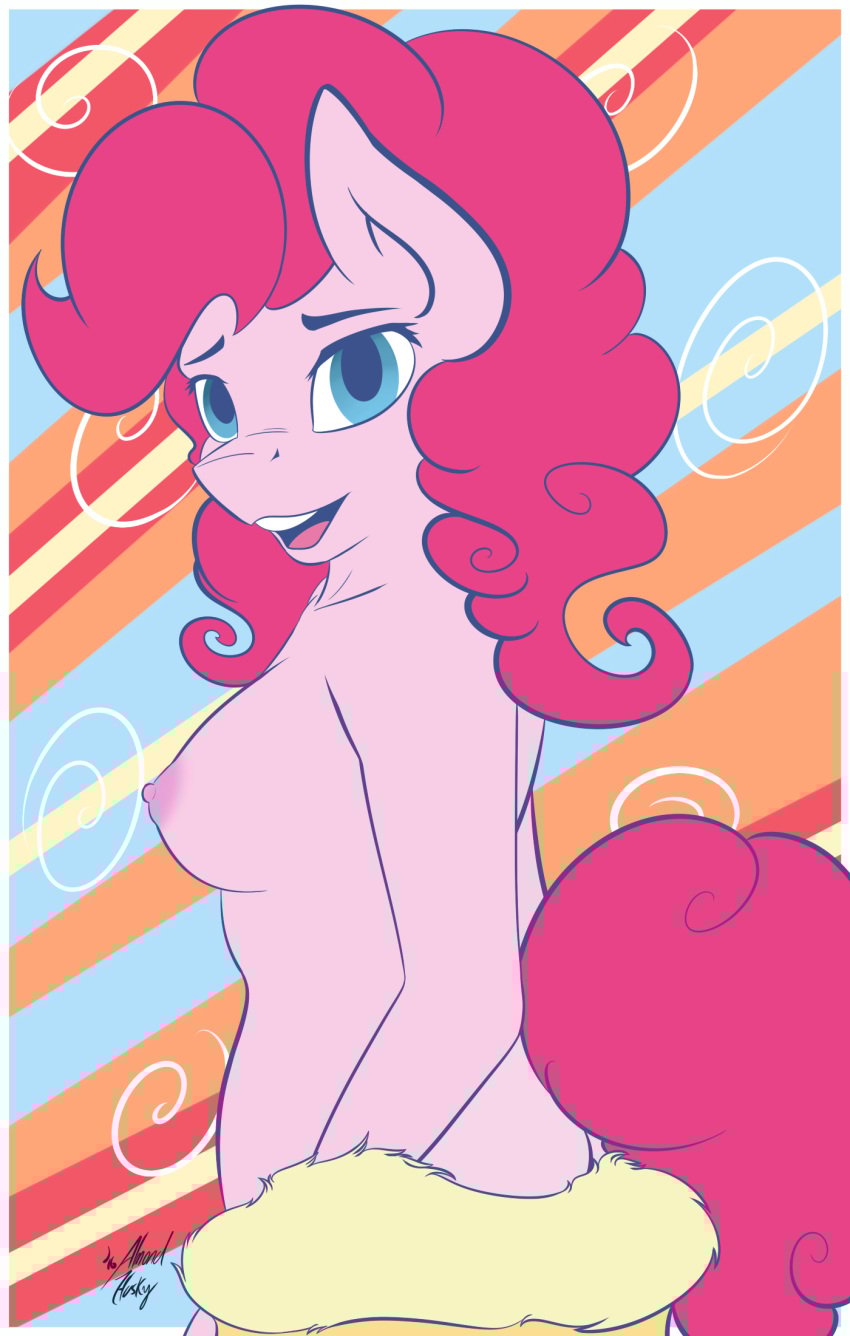 2016 abstract_background almondhusky anthro anthrofied areola blue_eyes border breasts earth_pony equid equine female friendship_is_magic hasbro hi_res horse long_hair looking_at_viewer mammal my_little_pony nipples open_mouth pink_hair pinkie_pie_(mlp) pony smile solo white_border