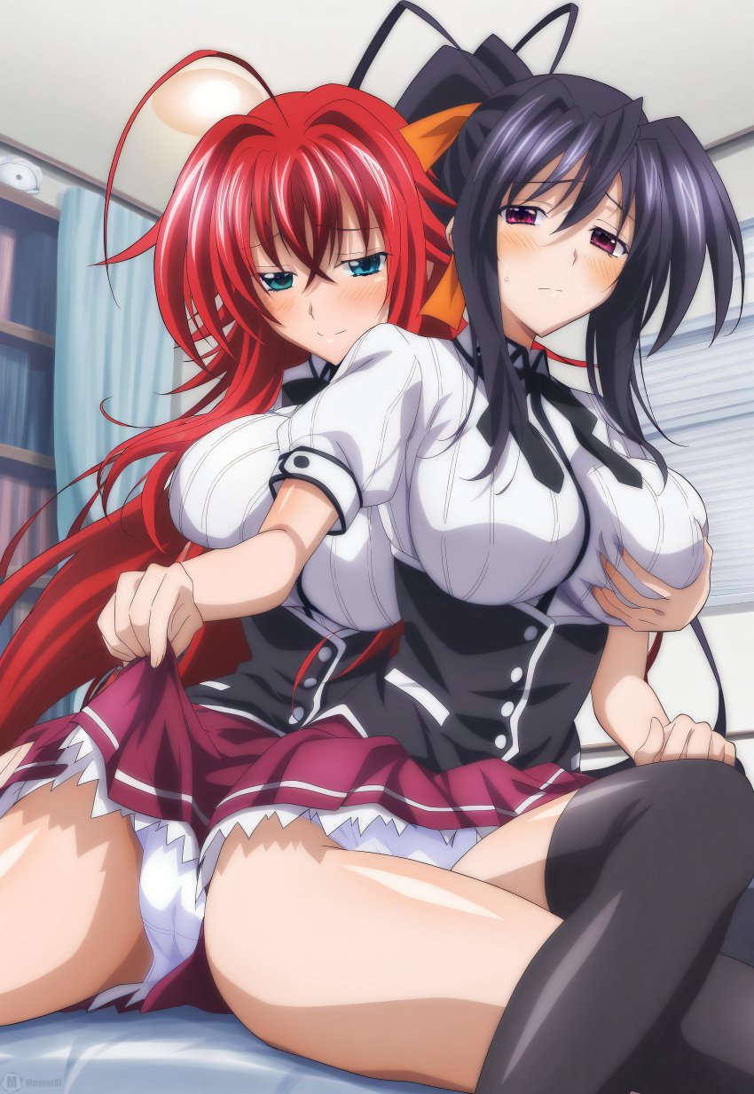 2girls ai_generated akeno_himejima antenna_hair bed big_breasts black_hair_female blue_green_eyes blush breast_grab_from_behind breasts crimson_hair_female crossed_bangs curvy_females female females_only grabbing_another's_breast hair_ribbon high_ponytail high_school_dxd huge_ahoge indoors lesbian_couple lesbians light-skinned_female loose_hair muaver_ai orange_ribbon panties rias_gremory schoolgirl_uniform schoolgirls smile socks thick_thighs very_long_hair_female very_long_ponytail violet_eyes voluptuous_female wide_hipped_female yuri
