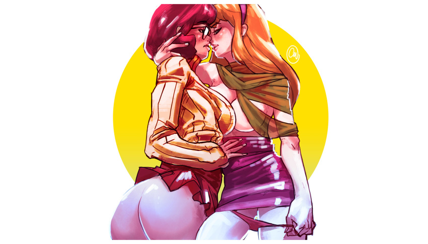 2girls ass cheunchin color colored daphne_blake female glasses hanna-barbera imminent_kiss lesbian multiple_girls pantsu panty_pull scooby-doo sketch skirt skirt_lift underwear undressing velma_dinkley yuri