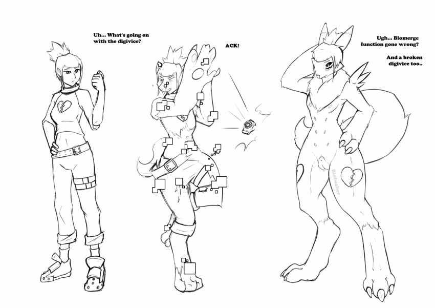 2019 anthro belt biobasher blush bottomwear breasts canid clothing dialogue digimon digimon_(species) digitigrade digivice female footwear hair hand_behind_head hand_on_hip hi_res human human_to_anthro mammal monochrome multi_nipple nipples nude pants pawpads ponytail pussy renamon sequence shirt shoes short_hair simple_background solo species_transformation standing surprise topwear torn_clothing transformation white_background