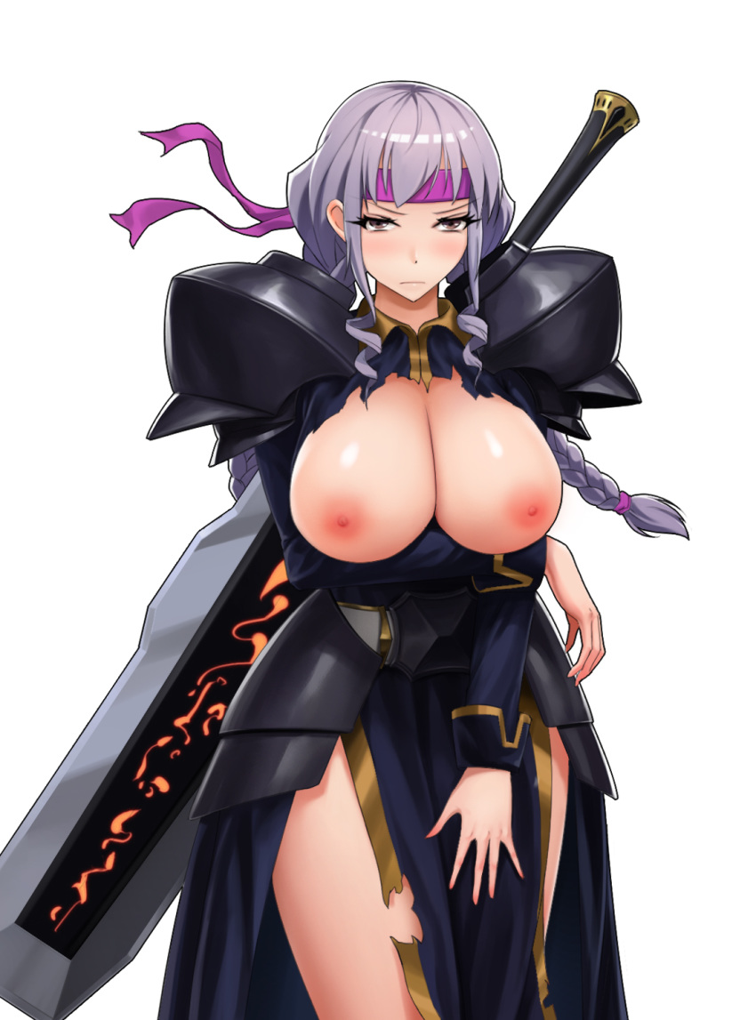 1girls areolae armor armored_dress bangs belt black_armor blush braid breast_rest breasts breasts_out breasts_out_of_clothes closed_mouth cowboy_shot dress embarrassed exposed exposed_breasts exposed_nipples faulds female female_only female_solo frown hair_twirling headband huge_weapon large_breasts lavender_hair long_hair looking_at_viewer lost_clothes nipples obaoba_(monkeyix) original pauldron pelvic_curtain purple_hair shiny shiny_skin shoulder_armor sidelocks simple_background solo standing thighs tied_hair torn_clothes torn_dress twin_braids weapon weapon_on_back white_background