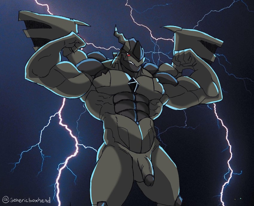 anthro balls bara flaccid flexing genericboxhead male male_only muscles muscular nintendo nude penis pokemon solo solo_male zekrom