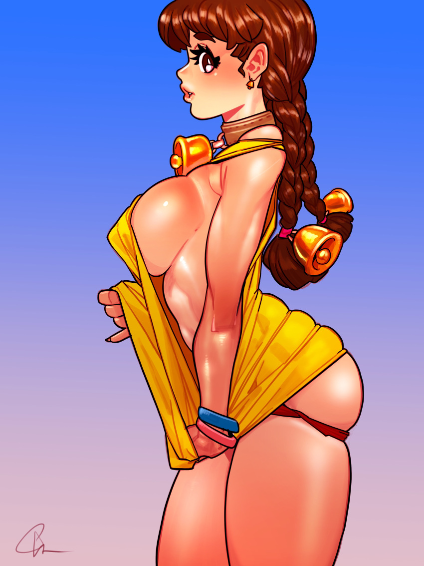 bell bell_collar belle_(cheunchin) breasts cheunchin collar female gradient gradient_background pulling sideboob skindentation solo standing