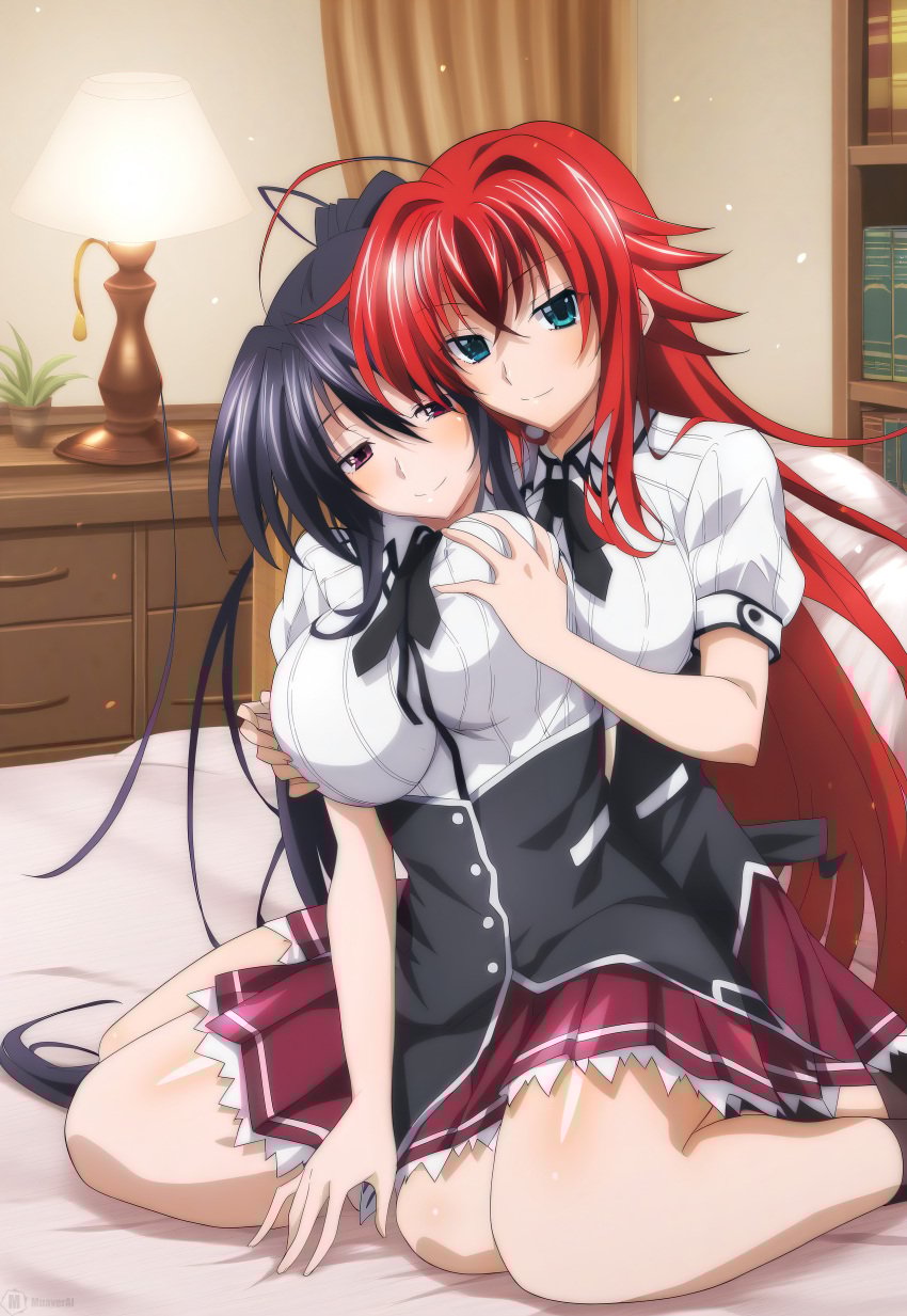 2girls ai_generated akeno_himejima antenna_hair bed big_breasts black_hair_female blue_green_eyes blush breasts crimson_hair_female crossed_bangs curvy_females female females_only grabbing_another's_breasts grabbing_breasts_from_behind hair_ribbon high_ponytail high_school_dxd huge_ahoge indoors lesbian_couple lesbians light-skinned_female loose_hair muaver_ai orange_ribbon rias_gremory schoolgirl_uniform schoolgirls smile thick_thighs very_long_hair_female very_long_ponytail violet_eyes voluptuous_female wide_hipped_female yuri