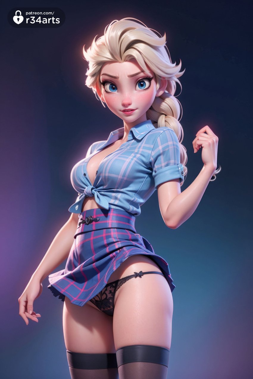 1girls ai_generated artist_name black_lingerie black_panties black_stockings black_thighhighs black_thong blonde_hair blue_eyes blue_shirt blush braid breasts cleavage clothes_lift collared_shirt cowboy_shot disney disney_princess elsa_(frozen) female freckles frozen frozen_(film) frozen_2 hi_res lace_thong lingerie lips long_hair looking_at_viewer medium_breasts miniskirt panties plaid plaid_skirt platinum_blonde_hair r34arts shirt single_braid skirt skirt_lift smile solo stockings thighhighs thing tied_shirt underwear wind wind_lift