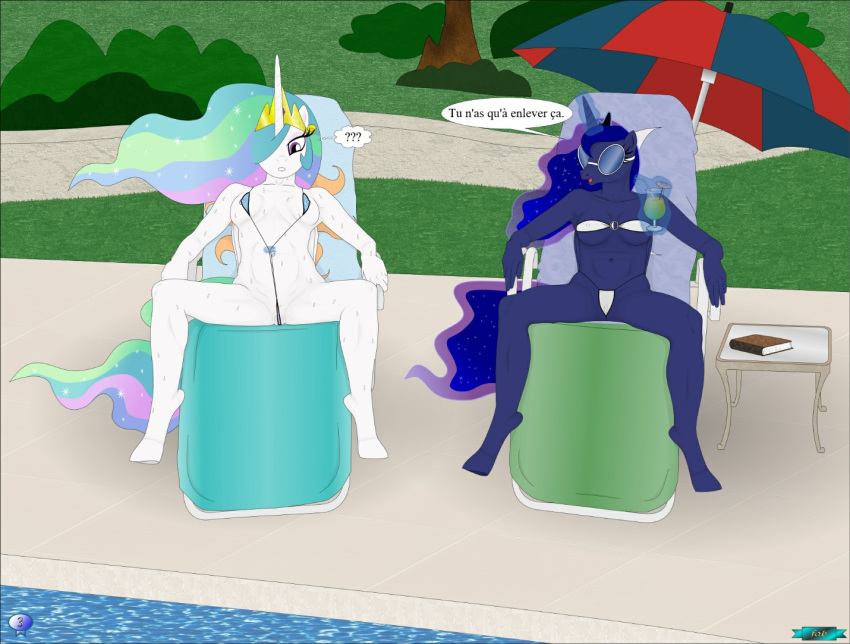 anthro anthrofied bikini breasts clothing duo fab3716 female french_text friendship_is_magic furry my_little_pony pool_(disambiguation) princess_celestia_(mlp) princess_luna_(mlp) pussy smooth_skin swimwear text translation_request