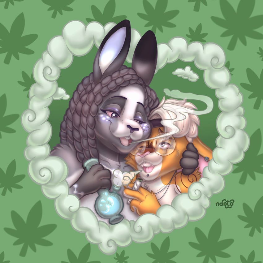 absurd_res anthro blunt bong drugs duo felid fumes heart_symbol hi_res hug hybrid lagomorph leporid love male mammal marijuana mottled naoto pantherine piebald rabbit romantic romantic_couple tiger