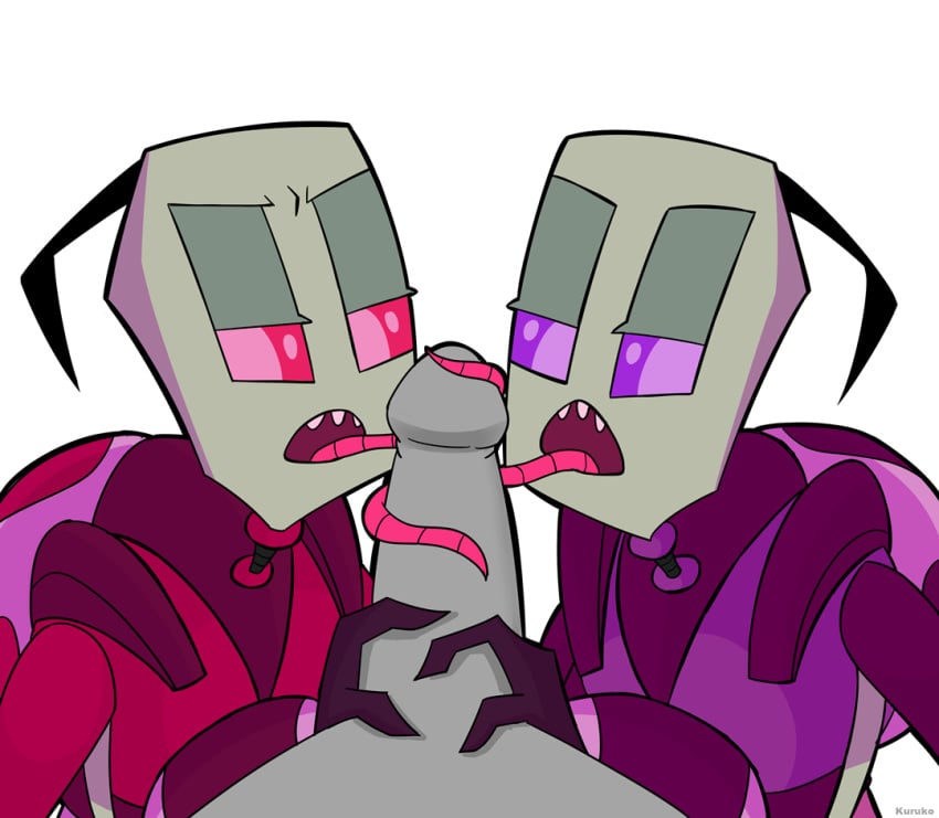 3boys alien almighty_tallest antennae gay green_skin grey_penis half-closed_eyes invader_zim irken kuruko licking licking_penis long_tongue multiple_boys multiple_males penis penis_lick sharp_teeth tallest_purple tallest_red teamwork tongue very_long_tongue yaoi