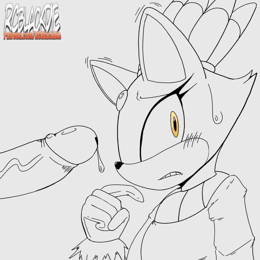 anthro blaze_the_cat blush blush_lines bodily_fluids clothing collar domestic_cat felid feline felis female genital_fluids genitals gloves handwear hi_res line_art mammal penis precum rcblackdie sega solo sonic_(series) sonic_the_hedgehog_(series) sweat sweatdrop worried yellow_eyes