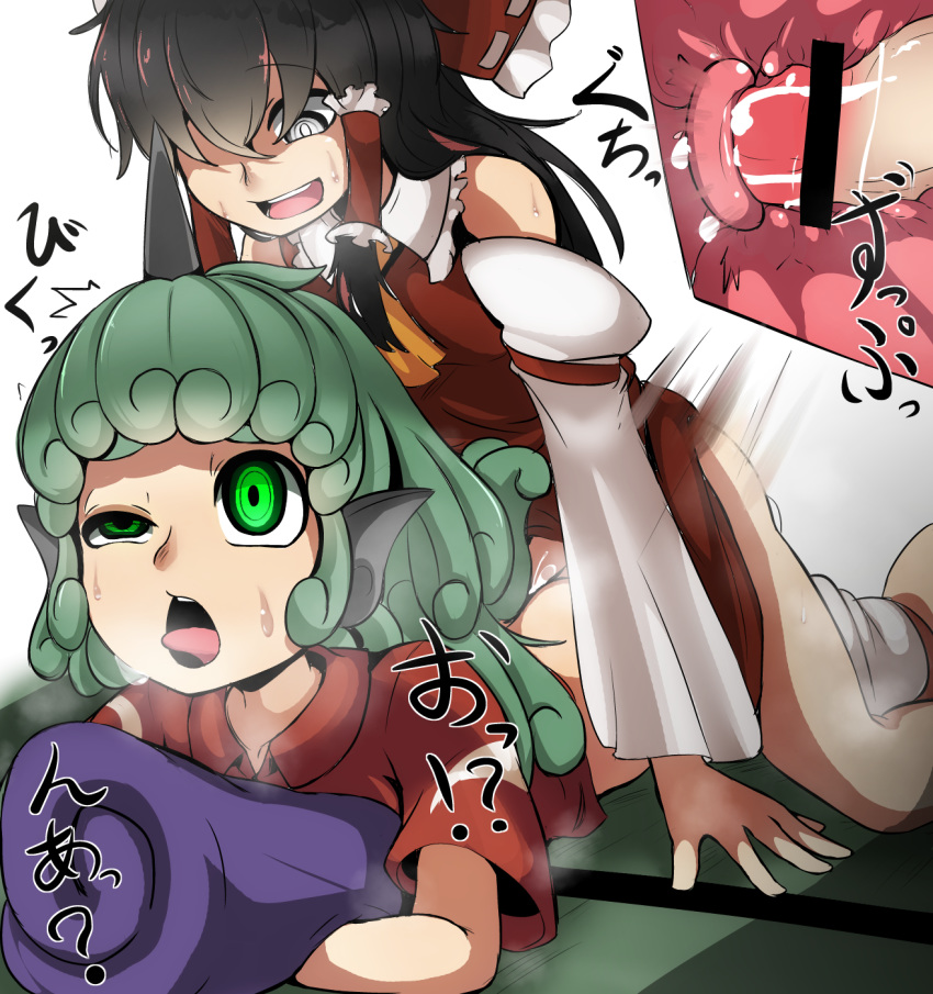 1futa 2girls ahe_gao ascot aunn_komano black_hair bottomless censored cum curly_hair detached_sleeves donation_box epic_armageddon floor futa_on_female futanari green_eyes green_hair hair_tubes holding_object horn intersex long_hair looking_at_another looking_down on_floor panting penis pet red_ribbon red_shirt red_skirt reimu_hakurei ribbon sex skirt tatami tongue touhou visible_breath white_eyes x-ray