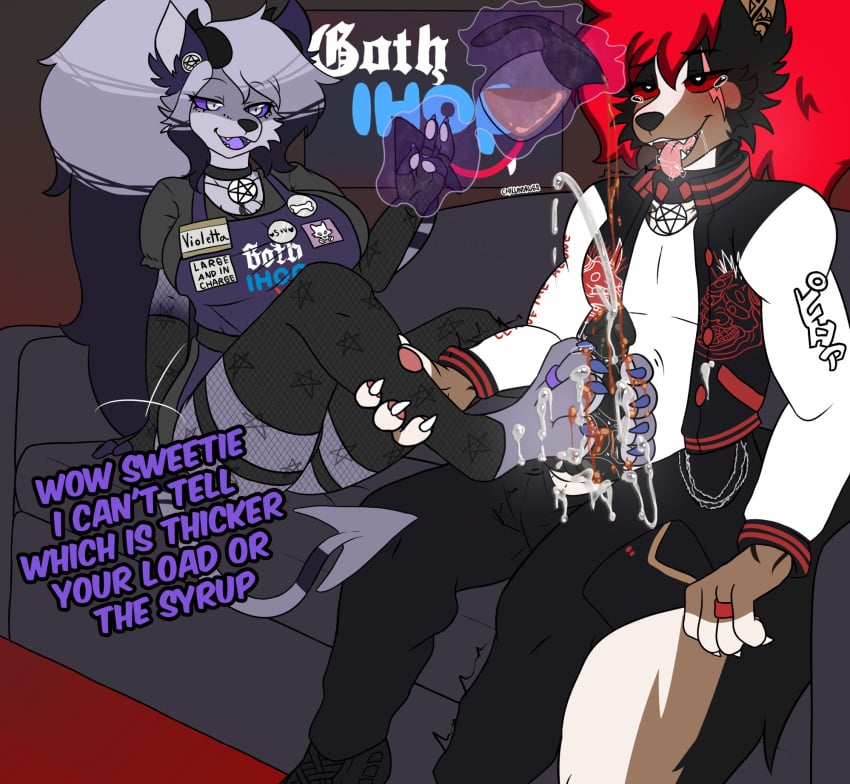 2_tails ankle_grab anthro apron arm_tattoo armwear big_breasts black_body black_fur blush bodily_fluids breasts brown_body brown_fur canid canid_demon canine chest_tattoo chillindrugs clothing collar colored_nails cum cum_on_clothing cum_on_feet cum_on_penis cum_on_self demon digit_ring drooling duo ear_piercing elbow_gloves eye_scar facial_scar feet female foot_fetish foot_play footjob fur genital_fluids genitals gloves goth_ihop grey_body grey_fur hair handwear hellhound helluva_boss hi_res jacket jewelry leg_grab legwear male male/female mammal maple_syrup maple_syrup_footjob multi_tail mythological_canine mythological_creature mythology nails necklace occult_symbol penis pentagram pentagram_ear_ring piercing pointed_tail precum purple_nails purple_sclera red_hair red_sclera ring saliva scar sex shirt smonks_(smonksthiccyeets) spiked_collar spikes stockings symbol syrup tail tattoo tears tears_of_pleasure telekinesis text toe_ring toes topwear undershirt violetta_(smonksthiccyeets)