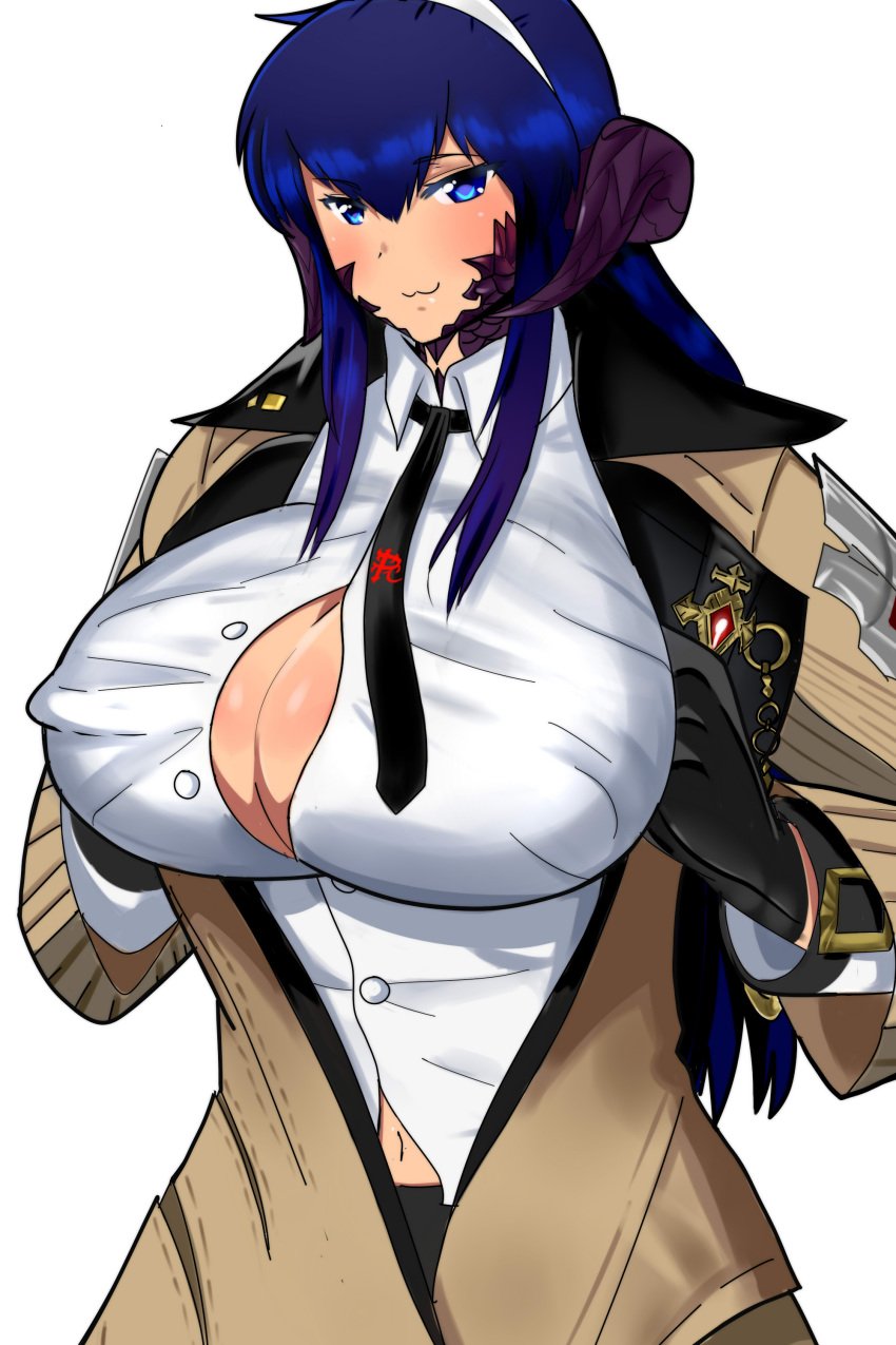 :3 au_ra belly_button big_breasts blonde_hair blue_eyes blush breasts coat cute detective detective_nanama final_fantasy final_fantasy_xiv flashing gloves hairband horns large_breasts milf nanama_kha nanamaxiv scales shirt smug square_enix tie xaela