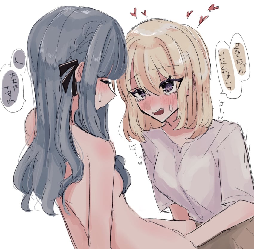 2girls bang_dream! bang_dream!_it's_mygo!!!!! black_ribbon blonde_hair blue_hair blush closed_eyes clothed_female_nude_female commentary_request fingering hair_ribbon heart highres long_hair medium_hair misumi_uika multiple_girls nude nyako_(2446_ny) open_mouth purple_eyes ribbon shirt simple_background speech_bubble tears togawa_sakiko translation_request two_side_up white_background white_shirt yuri