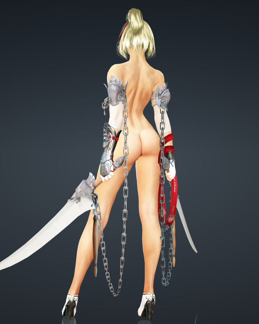 3d armor ass athletic back back_muscles back_view black_desert_online blonde_hair chains curvy cute female fit high_heels highres hips human kara lahn legs long_legs model muscles muscular naked naked_footwear naked_heels nude original_character ponytail posing slit teen thighs young