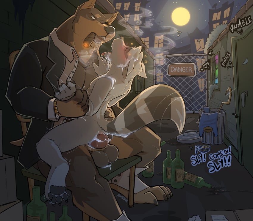 absurd_res alley anal anal_sex anus balls bodily_fluids canid canine canis cigar cum cum_in_ass cum_in_mouth cum_inside dobermann domestic_dog dominant feet genital_fluids hi_res knot male male/male mammal paws penis pinscher procyonid raccoon rough_(disambiguation) silveredge size_difference sly_cooper sly_cooper_(series) smoke sony_corporation sony_interactive_entertainment submissive sucker_punch_productions