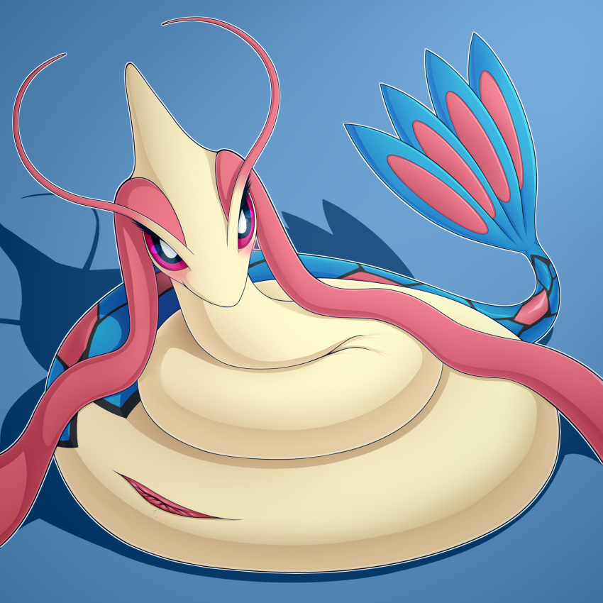 1:1 1girls 2019 antennae big_eyes big_tail blue_background blue_skin blush bodily_fluids cloaca eye_contact eyelashes female feral flat_chest genital_fluids hair half-closed_eyes hi_res long_tail looking_at_viewer marine milotic nintendo no_nipples nude pink_eyes pink_hair pokémon_(species) pokemon pokemon_rse pussy pussy_juice red_skin shadow simple_background smile solo tail tail_wrap very_long_hair video_games wet white_border yellow_skin zeamaeri