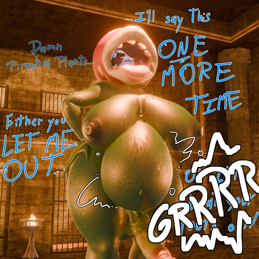 3d absurd_res anthro breasts detailed_background dialogue duo elemental_creature elemental_humanoid fan_character female flora_fauna futa_pred futanari genitals gynomorph hi_res humanoid intersex intersex/female mario_bros nintendo onomatopoeia oral_vore penis piranha_plant plant plant_humanoid rumbling_stomach shyguy sonlink sound_effects text tongue tongue_out vore