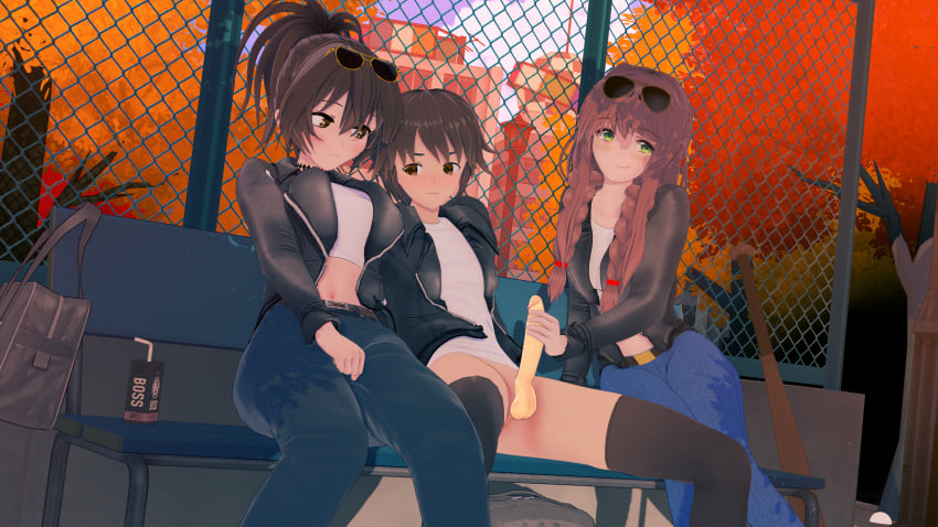 3d alternate_hairstyle anna_anon babes biker_girl biker_jacket braids brown_hair coral_brown_hair crop_top edit edited femc_(doki_doki_literature_club) green_eyes hot_babes jeans koikatsu looking_at_breasts looking_away mc_(doki_doki_literature_club!) monika_(doki_doki_literature_club) one_guy park park_bench public_handjob stroking_cock sunglasses_on_head twin_braids two_girls yellow_eyes