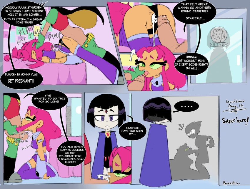 .... 1boy 2girls accurate_art_style baecohn bed big_balls black_hair blowjob caught caught_in_the_act clothed_sex comic dc dc_comics dialogue dick_grayson doggy_style english_text face_down_ass_up face_fucking female female_focus female_penetrated finger_in_another's_mouth finger_in_mouth fucked_unconscious gloves green_eyes grey_skin hair_pull half-closed_eyes half-dressed hand_on_head interrupted light_skin male mask medium_breasts official_style panties_aside passed_out pink_hair plap pulling_hair raven_(dc) robin_(dc) robin_(dick_grayson) side_view starfire straight tan_body teen_titans teen_titans_go text thumb_in_mouth