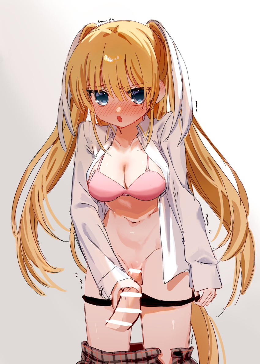 1boy :o backlighting bar_censor black_panties blonde_hair blue_eyes blush bra breasts censored cleavage clothes_pull collared_shirt commentary_request cowboy_shot embarrassed eshiko eyes_visible_through_hair female grinding groin hair_between_eyes hair_ribbon handjob highres large_breasts leaning_forward little_busters! little_busters!_school_uniform long_hair long_ribbon looking_at_viewer male navel nose_blush open_clothes open_mouth open_shirt panties panty_pull penis pink_bra plaid_clothes plaid_skirt pov pov_crotch pulling_own_clothes pussy ribbon school_uniform shirt sidelocks simple_background skirt skirt_pull sleeves_past_wrists solo_focus straight tokido_saya twitching two_side_up underwear very_long_hair white_background white_ribbon white_shirt