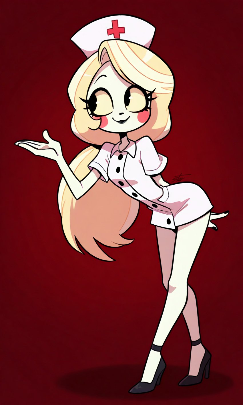 alone bare_arms bare_legs black_heels black_lips black_nose black_pupils blonde_hair charlie_morningstar_(hazbin_hotel) color_background colored_sclera eyelashes full_body hazbin_hotel looking_to_the_side nurse nurse_uniform painted_nails posing red_cheeks small_breasts smiling standing vivziepop white_skin