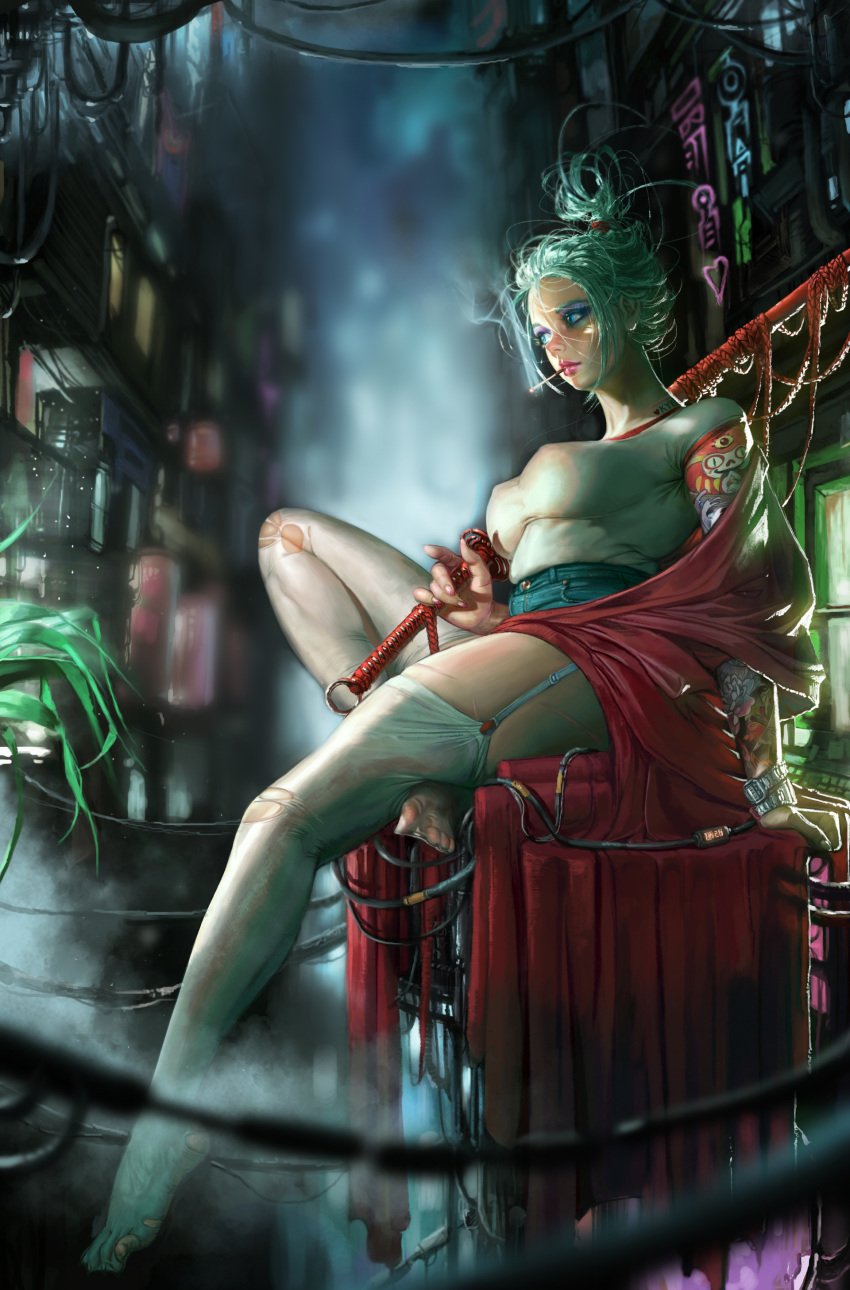 barefoot blurry_background breasts cable cigarette city cyberpunk dirty eyeshadow feet female garter_straps green_hair huge_breasts katana kyu_yong_eom kyuyong_eom legs lingerie makeup outdoors shirt sitting skin_tight solo sword t-shirt tattoo thighhighs thighs torn_thighhighs weapon white_legwear white_shirt white_thighhighs