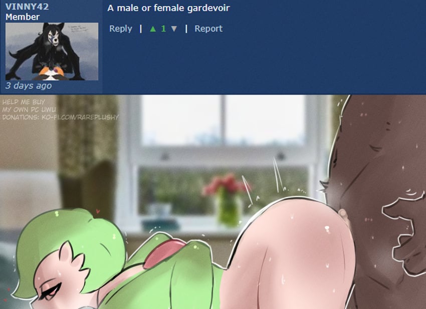 absurd_res anthro ass bear big_butt blush bodily_fluids canid cum cum_in_pussy cum_inside duo female fur gardevoir generation_3_pokemon genital_fluids genitals green_hair hair hi_res huge_butt male male/female male_penetrating mammal nintendo not_furry nude penetration penile penile_penetration penis pokemon pokemon_(species) rareplushy red_eyes rough_sex sex thick_thighs wide_hips