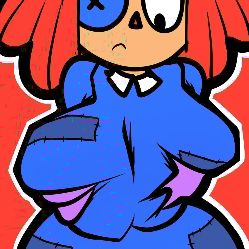 big_breasts black_eyes breasts clothed clothing doll dress grope groping groping_breasts groping_from_behind jaysonguzman567 ragatha_(the_amazing_digital_circus) red_hair the_amazing_digital_circus