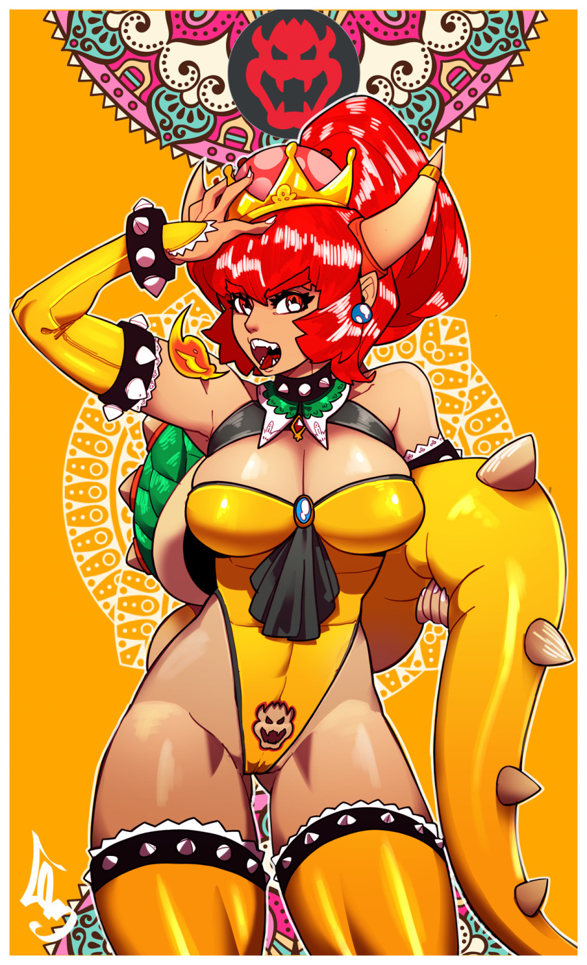 1girls bowser_logo bowsette breasts cameltoe cheunchin cleavage cowboy_shot crown female female_only genderswap huge_breasts mario_(series) new_super_mario_bros._u_deluxe nintendo one_arm_up red_bowsette red_hair skindentation solo super_crown tail