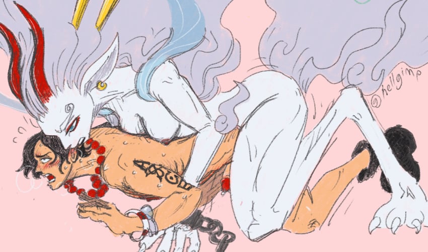 akuma_no_mi anal_sex anthro boots breasts cock dark_hair digitigrade doggy_style dripping_precum futanari heavy_breathing hellgimp horns intersex inu_inu_no_mi,_model:_ōkuchi-no-makami long_hair male male_bottom male_penetrated nude one_piece panting penis portgas_d_ace wolf wolf_humanoid yamato_(one_piece)