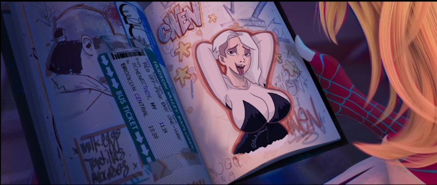 1girls alternate_breast_size big_breasts blonde_hair bootiehound busty female female_only fully_clothed gwen_art_check gwen_stacy marvel meme solo spider-man:_across_the_spider-verse spider-man_(series) tagme teasing