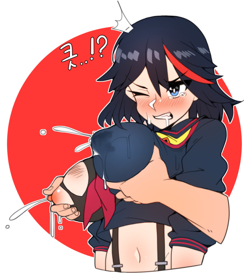 annoyed bell_haircut blush breast_grab breasts clothing deep_blush erect_nipples erect_nipples_under_clothes groping huge_breasts kill_la_kill lactation lactation_through_clothes matoi_ryuuko milk_squirt milking nipples no_bra ppapmang secretly_loves_it studio_trigger thick_bell torn_clothes