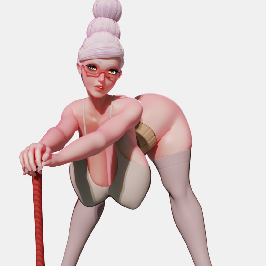 1girls 3d ayase_seiko bent_over big_breasts breasts cleavage dandadan female female_only gilf glasses huge_breasts large_breasts mature_female nipple_bulge solo tagme_(artist) white_hair