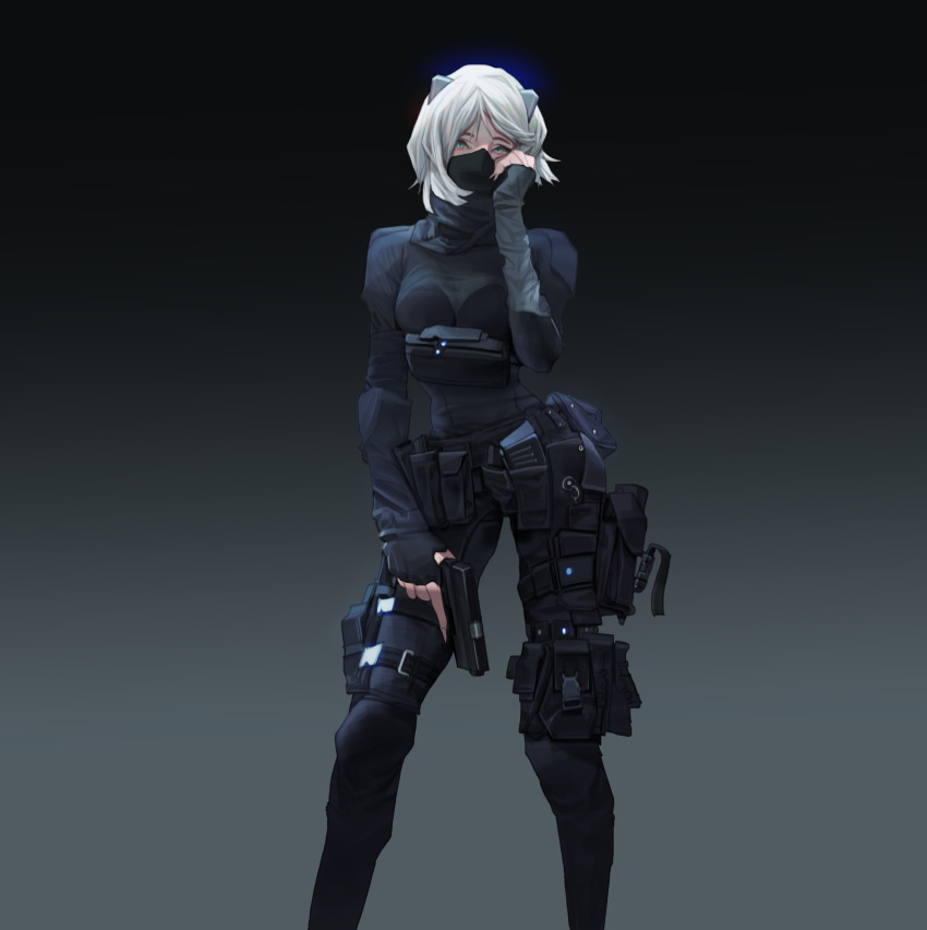 1:1_aspect_ratio female female gradient gradient_background gun mask military military_uniform pistol solo standing uniform weapon white_hair wonbin_lee