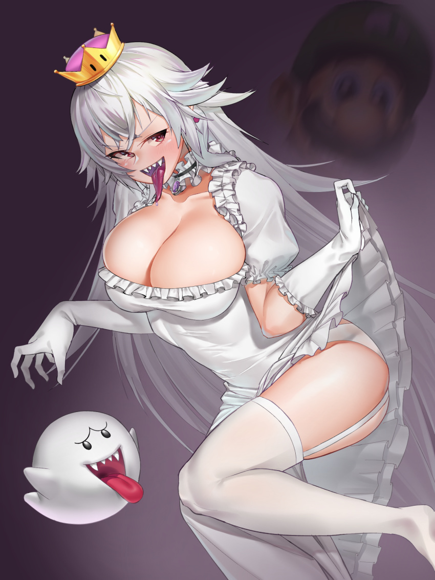 1girls 1other ambiguous_gender boo_(mario) boosette breasts cleavage clothing crown dncks10 dress_lift female female_focus garter_straps ghost huge_breasts long_hair long_tongue luigi luigi's_mansion mario_(series) new_super_mario_bros._u_deluxe nintendo open_mouth pose sharp_teeth smile thighhighs white_dress