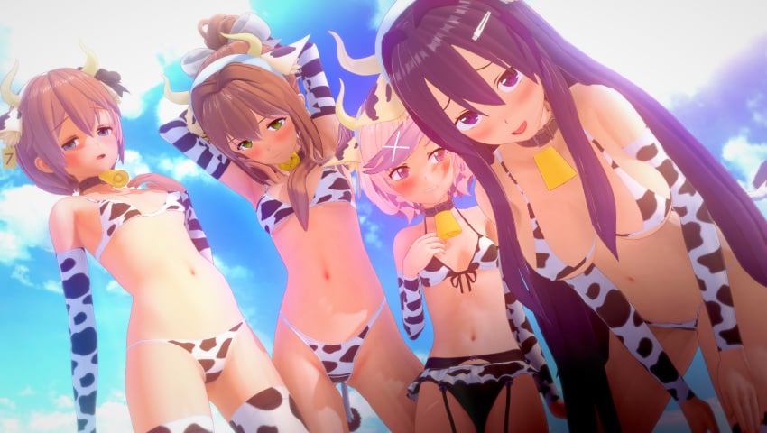 3d 4girls :3 animal_ears armwear aroused bedroom_eyes bell bell_collar big_breasts bikini black_bow blue_eyes blue_sky blush blushing bow breasts brown_hair busty clothing clouds collar cow_bikini cow_ears cow_girl cow_horns cow_print cowbell curvy doki_doki_literature_club ear_tag embarrassed erect_nipples erect_nipples_under_clothes eyelashes fake_animal_ears fake_horns female female_only front-tie_bikini fully_clothed garter_belt garter_straps green_eyes hair_band hair_between_eyes hair_bow hairband hairbow hairclip half-closed_eyes highres horns huge_breasts imminent_sex koikatsu koikatu large_breasts legwear light-skinned_female lingerie lips long_hair looking_at_viewer looking_to_the_side matching_hair/eyes medium_breasts monika_(doki_doki_literature_club) moo_yuri moonika mootsuki mooyori natsuki_(doki_doki_literature_club) navel nipple_outline open_mouth outdoors petite pink_eyes pink_hair ponytail posing pov pov_eye_contact purple_eyes purple_hair sayori_(doki_doki_literature_club) sexually_suggestive shiny_hair short_hair shy size_difference sky small_breasts smile smiling standing stockings swimsuit take_your_pick thick_thighs thighhighs tongue video_game video_games voluptuous white_bow wide_hips witchanon yuri_(doki_doki_literature_club)