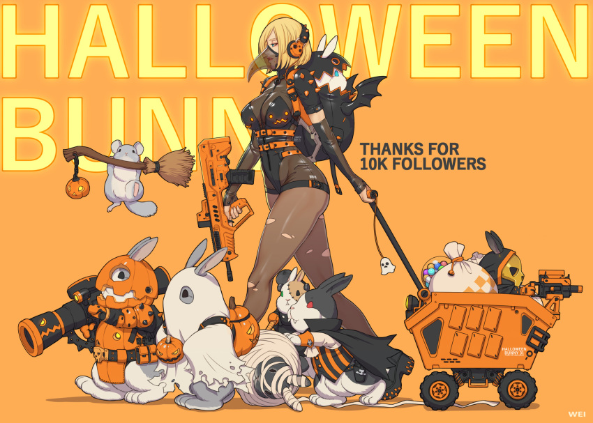 animal backpack bag bandages black_eyes blonde_hair blue_eyes bunny cart chains cloak death_stranding english_text female furry green_eyes gun halloween halloween_costume headphones horns latex mask oerba_yun_fang pantyhose red_eyes ren_wei_pan short_hair sweets tail text torn_clothes torn_legwear weapon wei_(kaminari0411) wings yellow_eyes